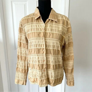A&K Designs Tan Beige Smocked Button Down Blouse